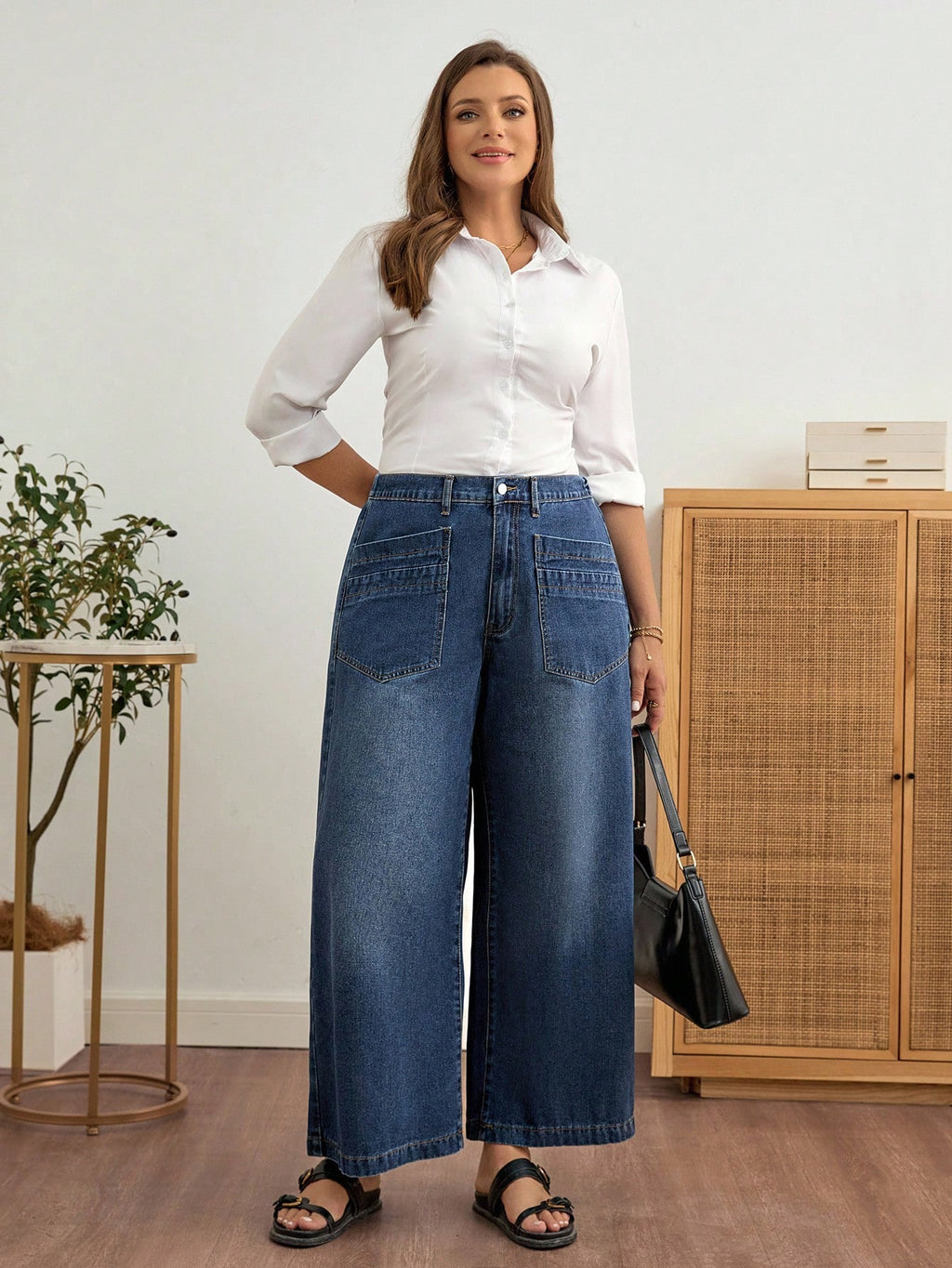 Plus Size Women’s Wide Leg Jeans – Loose Fit Casual Denim Pants with Pockets