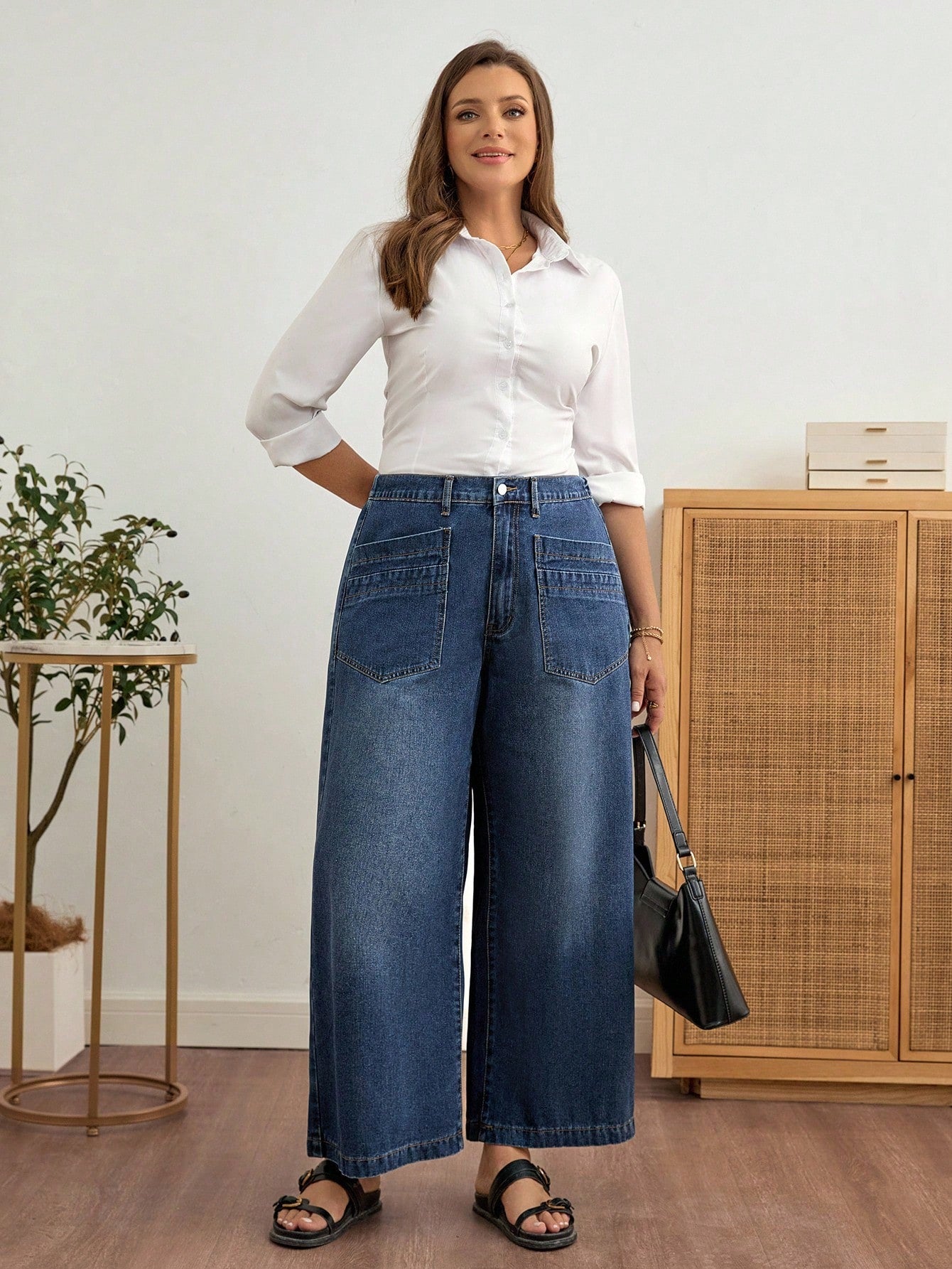 Plus Size Women’s Wide Leg Jeans – Loose Fit Casual Denim Pants with Pockets
