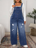 Plus Size Women’s Distressed Wide Leg Denim Jumpsuit – Loose Casual Pocketed Overall Romper