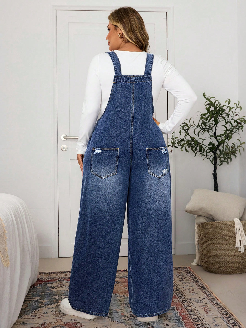 Plus Size Women’s Distressed Wide Leg Denim Jumpsuit – Loose Casual Pocketed Overall Romper