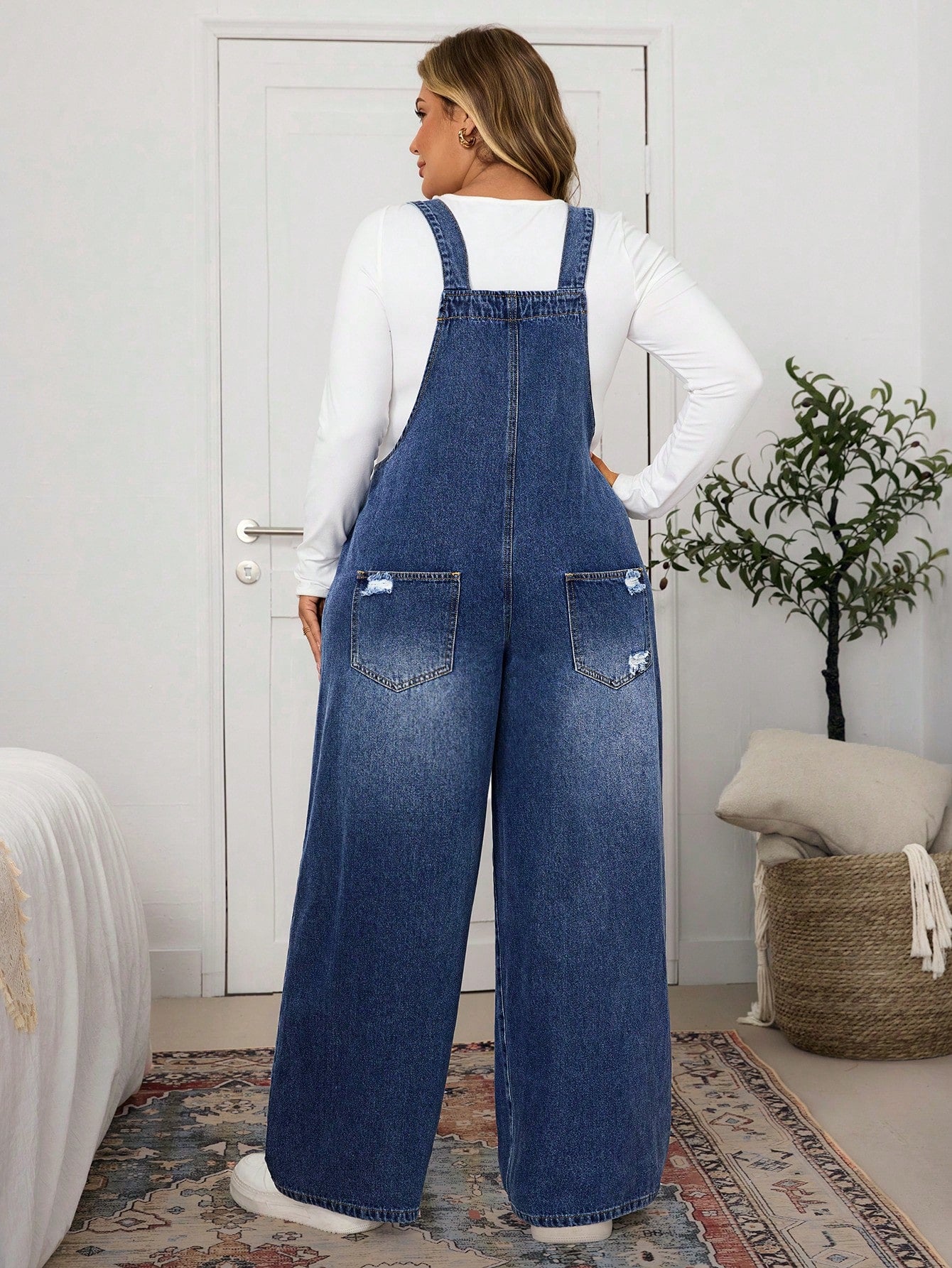 Plus Size Women’s Distressed Wide Leg Denim Jumpsuit – Loose Casual Pocketed Overall Romper