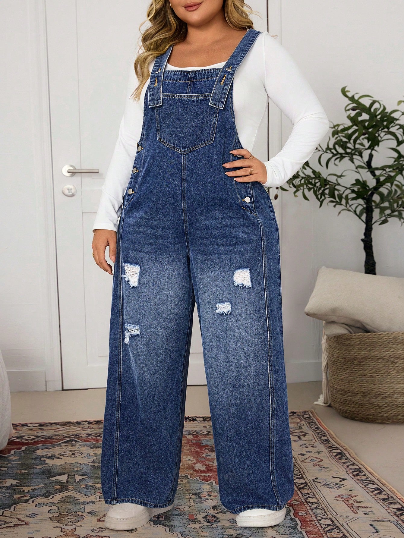 Plus Size Women’s Distressed Wide Leg Denim Jumpsuit – Loose Casual Pocketed Overall Romper