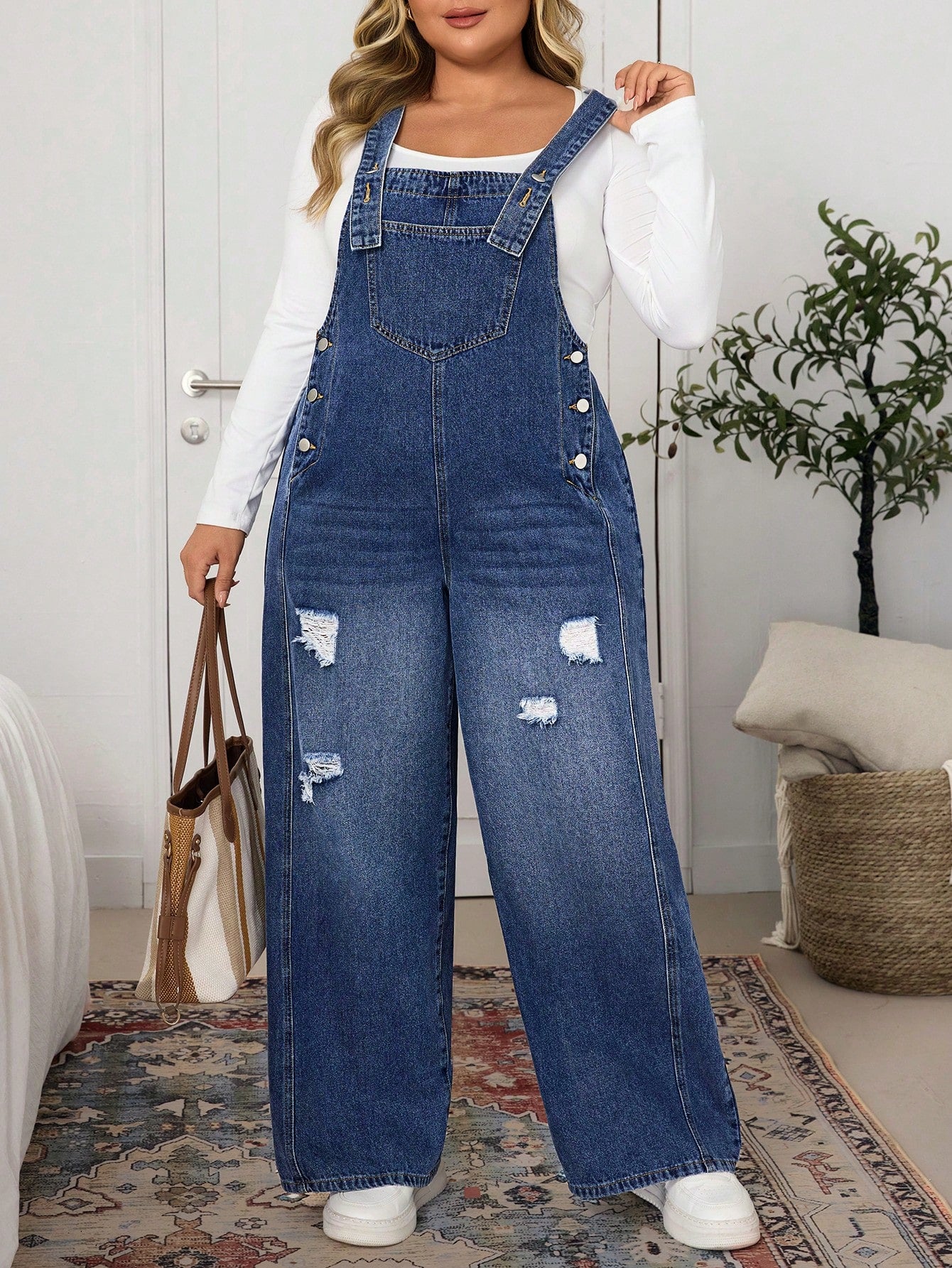 Plus Size Women’s Distressed Wide Leg Denim Jumpsuit – Loose Casual Pocketed Overall Romper