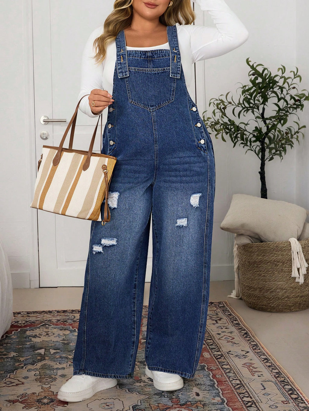 Plus Size Women’s Distressed Wide Leg Denim Jumpsuit – Loose Casual Pocketed Overall Romper