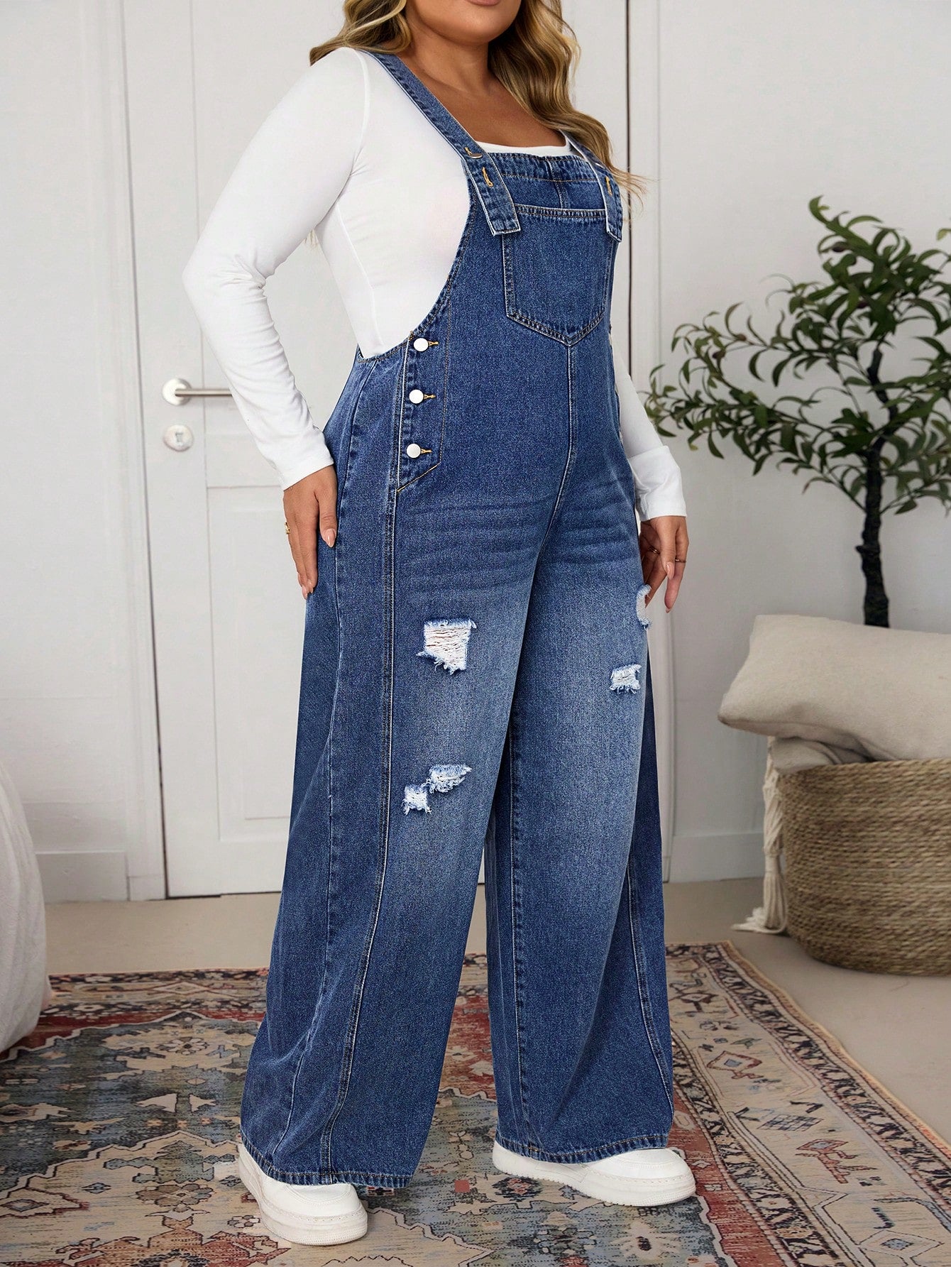 Plus Size Women’s Distressed Wide Leg Denim Jumpsuit – Loose Casual Pocketed Overall Romper