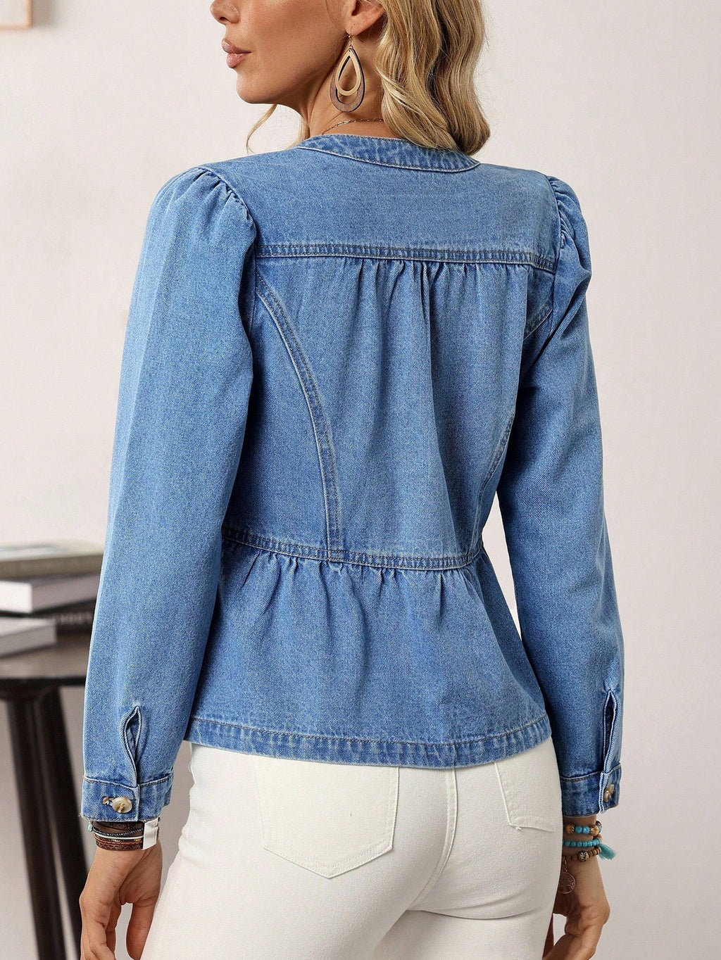Plus Size Puff Sleeve Denim Jacket – Ruffled Hem Single-Breasted Fashion Autumn Casual Jean Jacket for Women