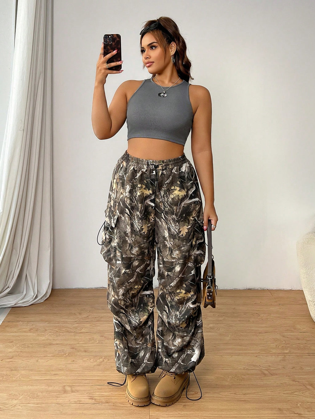 Plus Size Women’s Branch Print Cargo Pants – Wide Leg Casual Loose Fit Pocket Trousers