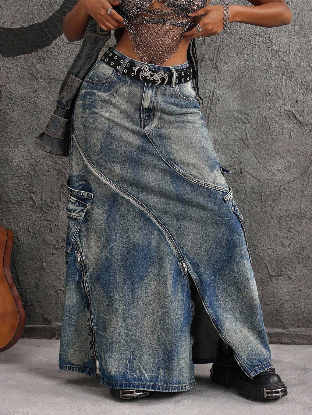 Plus Size Women’s Denim Maxi Skirt – High Waisted Long Jean Skirt with Utility Pockets