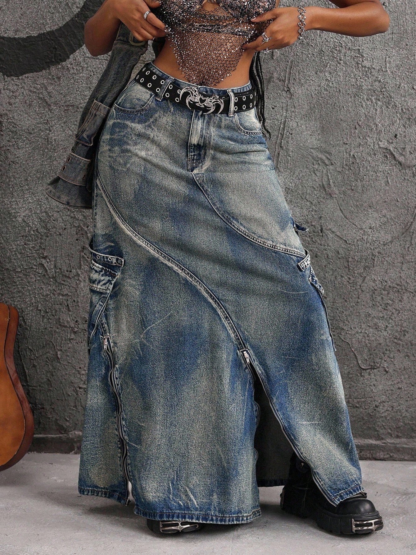 Plus Size Women’s Denim Maxi Skirt – High Waisted Long Jean Skirt with Utility Pockets