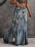Plus Size Women’s Denim Maxi Skirt – High Waisted Long Jean Skirt with Utility Pockets