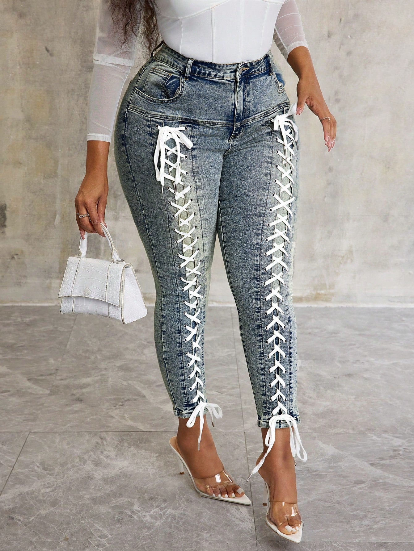 Plus Size Distressed Skinny Jeans for Women – Tie-Up Detail High Waist Casual Denim Pants