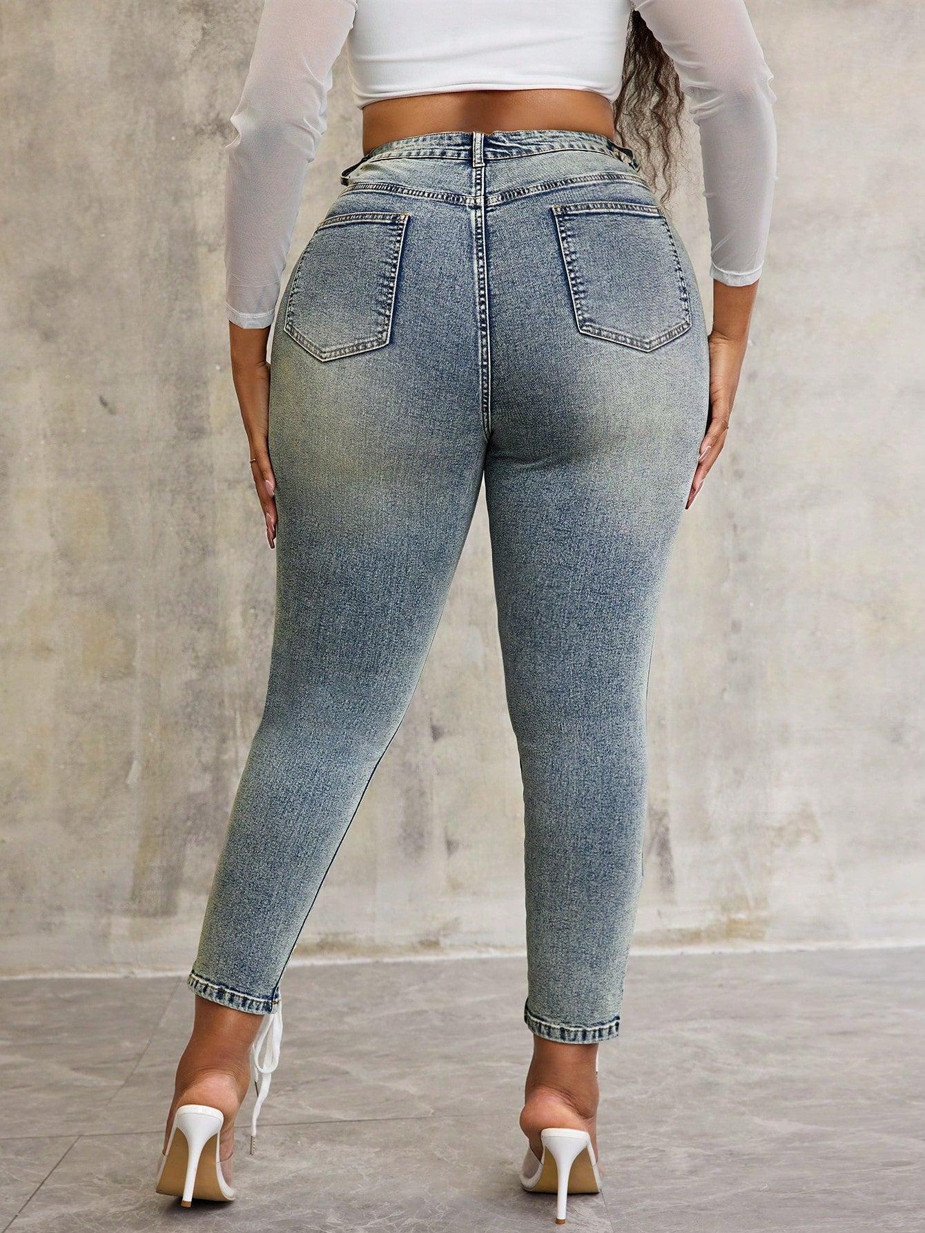 Plus Size Distressed Skinny Jeans for Women – Tie-Up Detail High Waist Casual Denim Pants