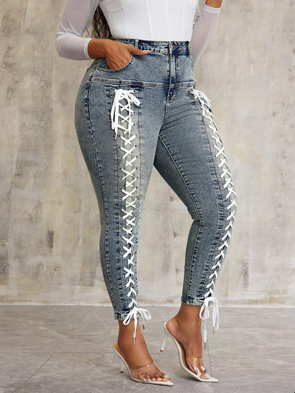 Plus Size Distressed Skinny Jeans for Women – Tie-Up Detail High Waist Casual Denim Pants