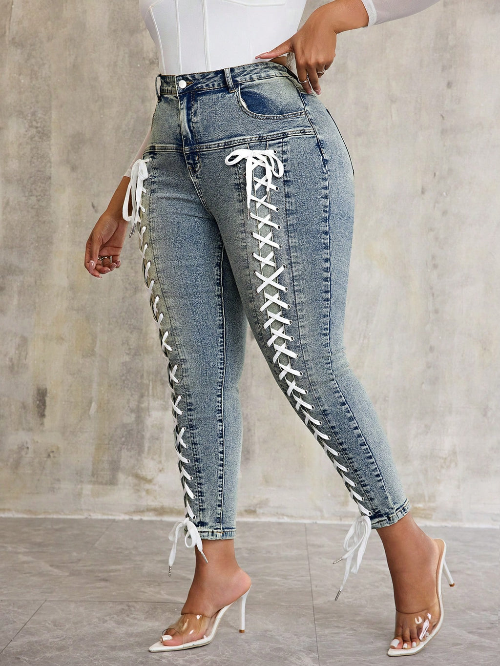 Plus Size Distressed Skinny Jeans for Women – Tie-Up Detail High Waist Casual Denim Pants