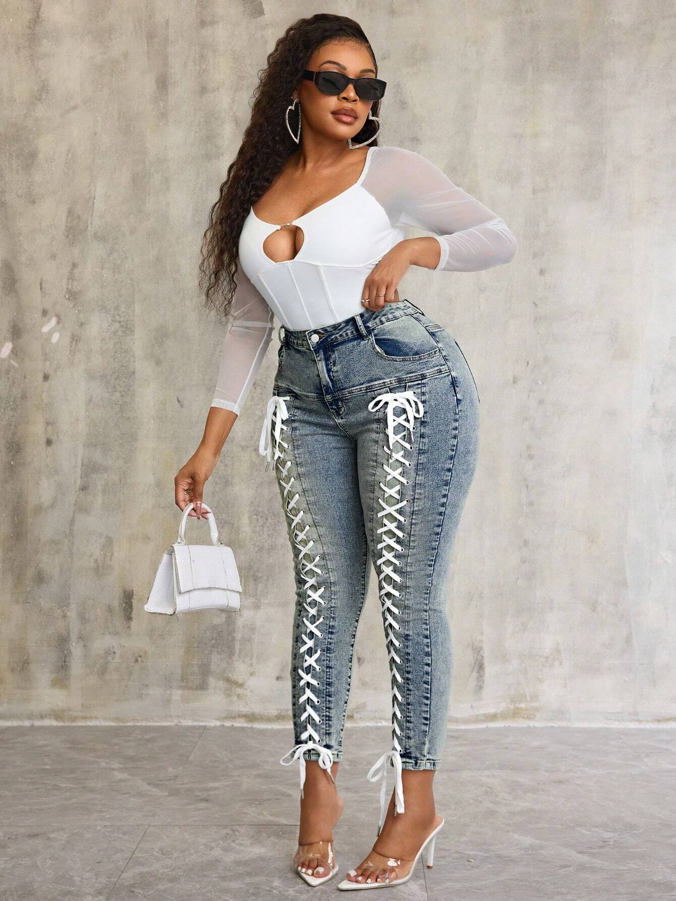 Plus Size Distressed Skinny Jeans for Women – Tie-Up Detail High Waist Casual Denim Pants