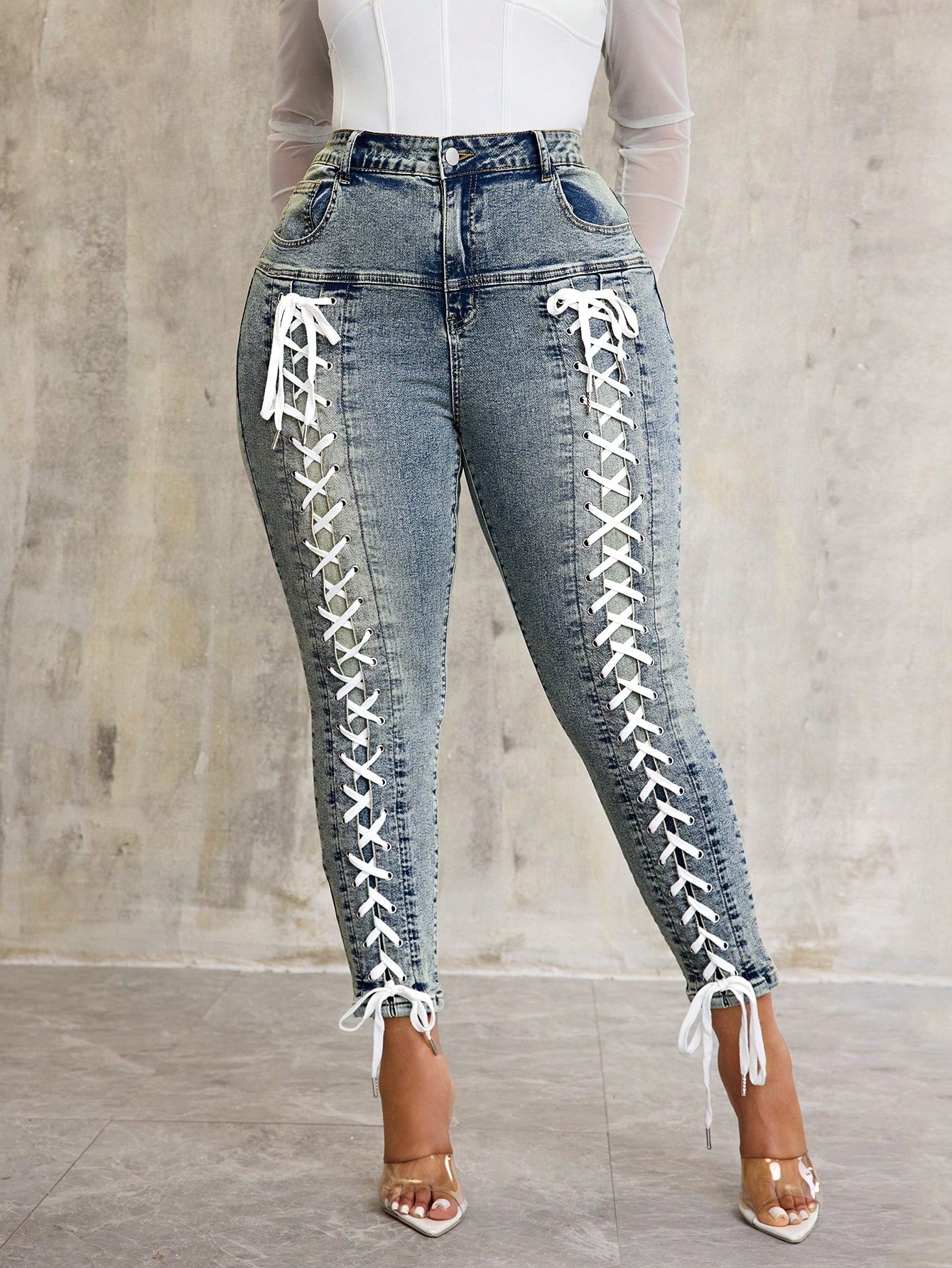 Plus Size Distressed Skinny Jeans for Women – Tie-Up Detail High Waist Casual Denim Pants
