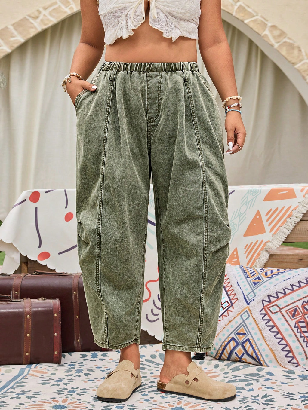 Plus Size Women’s Green Cotton Denim Harem Pants – Elastic Waist Cropped Casual Loose Fit Trousers