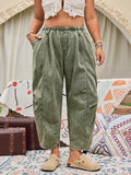Plus Size Women’s Green Cotton Denim Harem Pants – Elastic Waist Cropped Casual Loose Fit Trousers