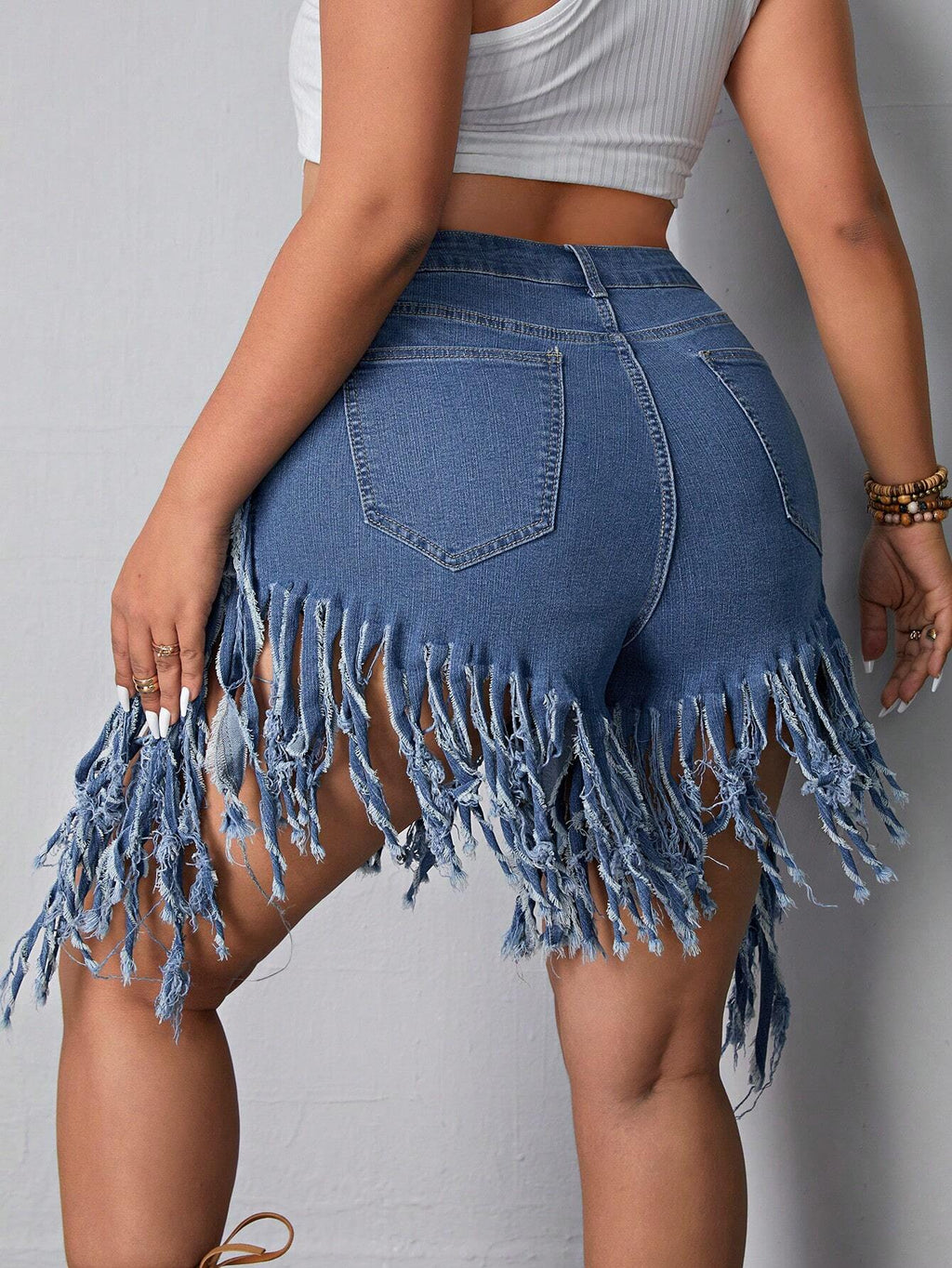 Plus Size Women’s Fringe Denim Shorts – Casual High Waist Distressed Jean Shorts for Summer