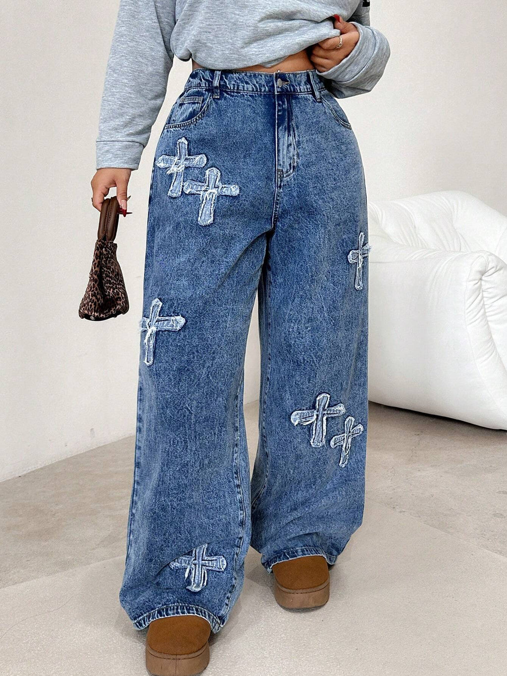 Plus Size Blue Loose Straight Leg Jeans for Women – Low Rise Baggy Casual Denim Pants