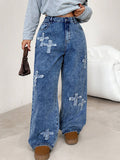Plus Size Blue Loose Straight Leg Jeans for Women – Low Rise Baggy Casual Denim Pants