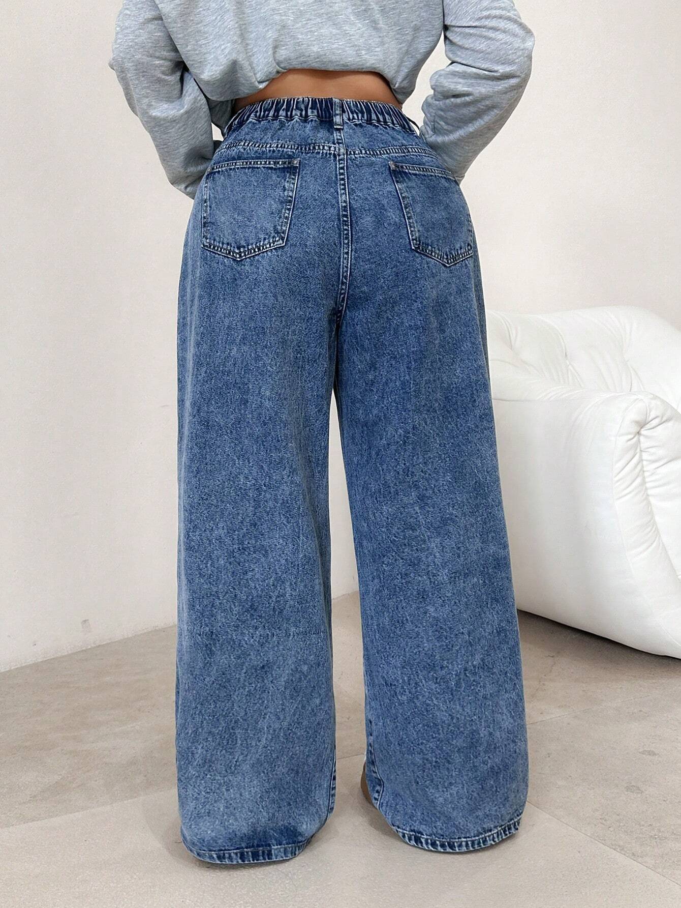 Plus Size Blue Loose Straight Leg Jeans for Women – Low Rise Baggy Casual Denim Pants