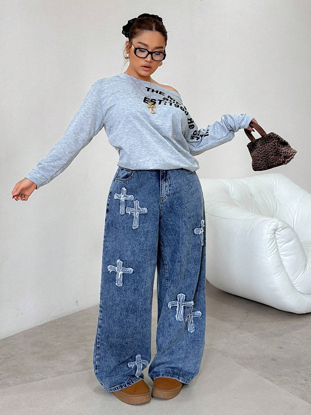 Plus Size Blue Loose Straight Leg Jeans for Women – Low Rise Baggy Casual Denim Pants