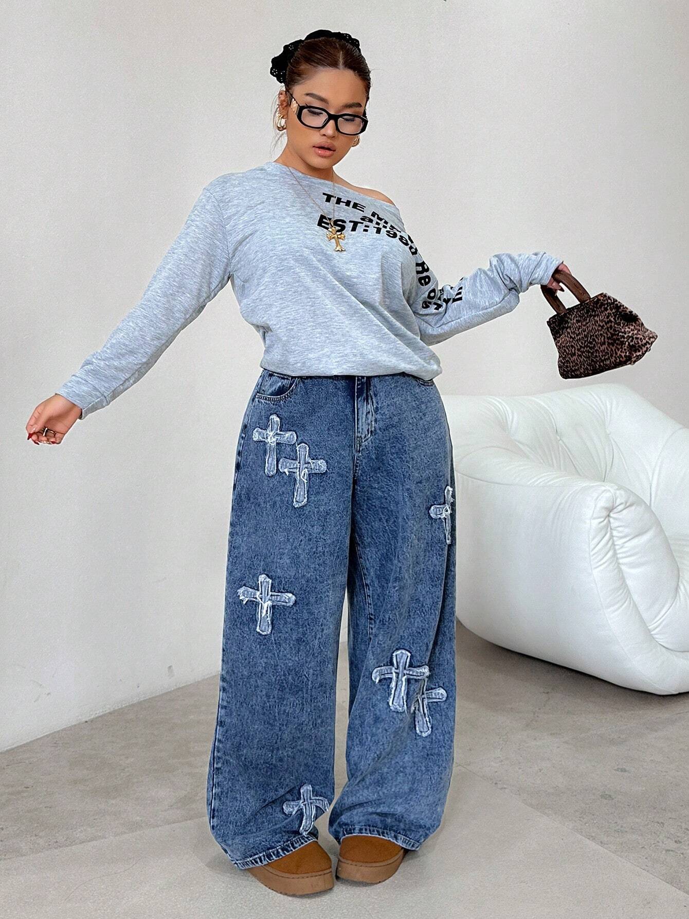 Plus Size Blue Loose Straight Leg Jeans for Women – Low Rise Baggy Casual Denim Pants