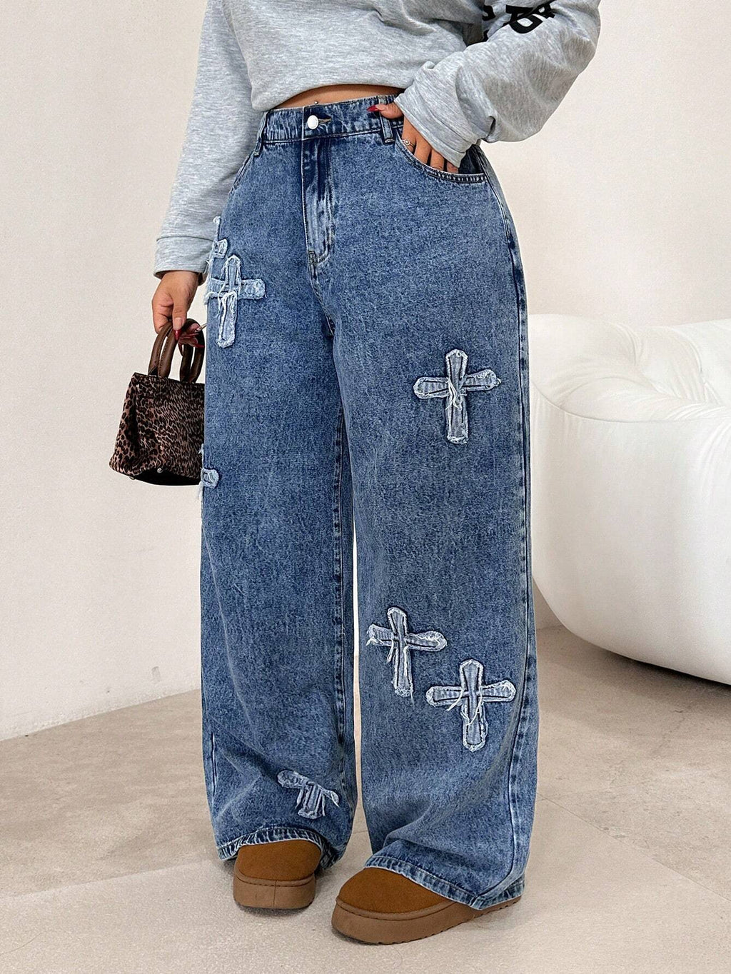 Plus Size Blue Loose Straight Leg Jeans for Women – Low Rise Baggy Casual Denim Pants