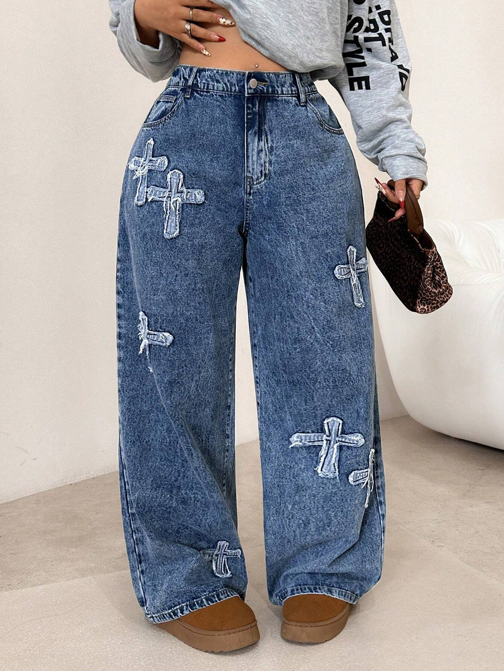 Plus Size Blue Loose Straight Leg Jeans for Women – Low Rise Baggy Casual Denim Pants