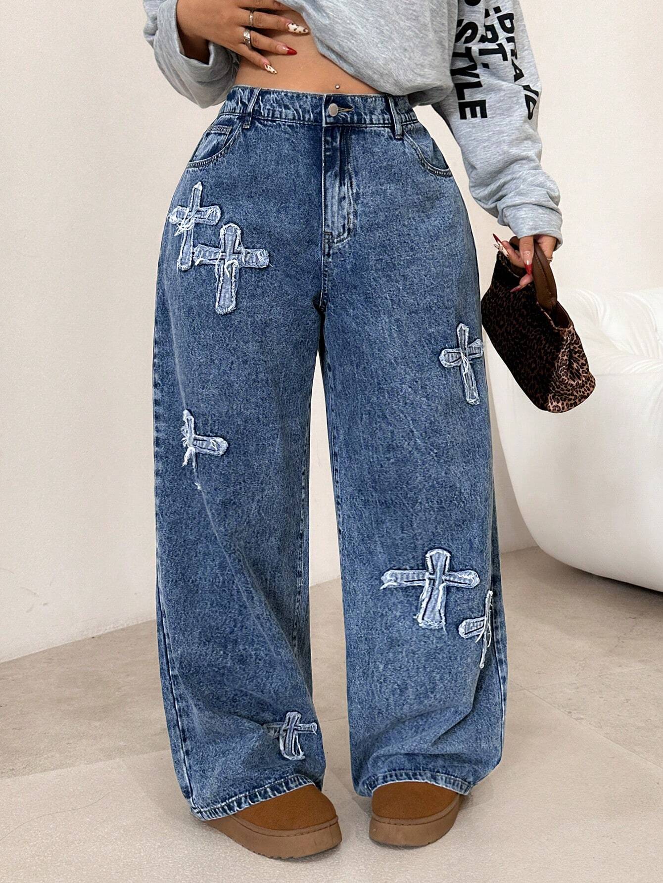 Plus Size Blue Loose Straight Leg Jeans for Women – Low Rise Baggy Casual Denim Pants