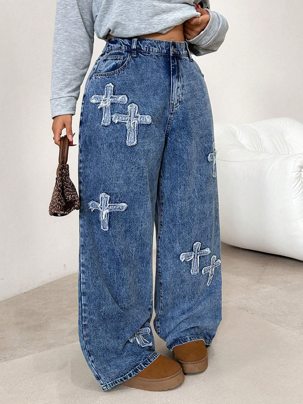 Plus Size Blue Loose Straight Leg Jeans for Women – Low Rise Baggy Casual Denim Pants