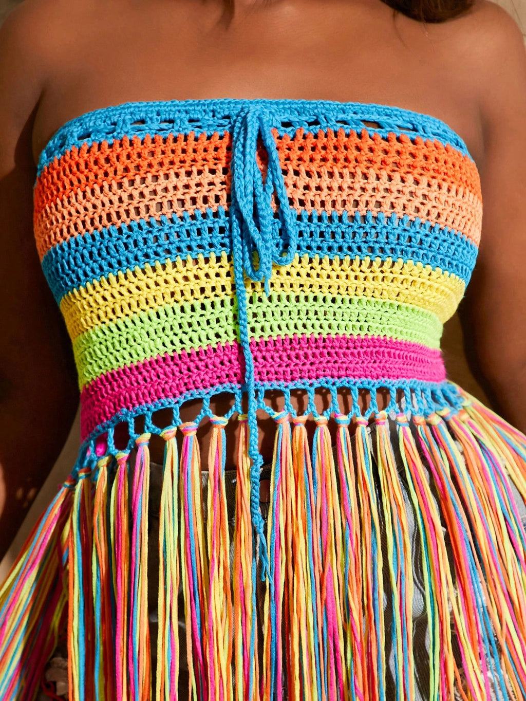 Plus Size Rainbow Tassel Bandeau Top – Sexy Contrast Color Festival & Party Crop Top for Women