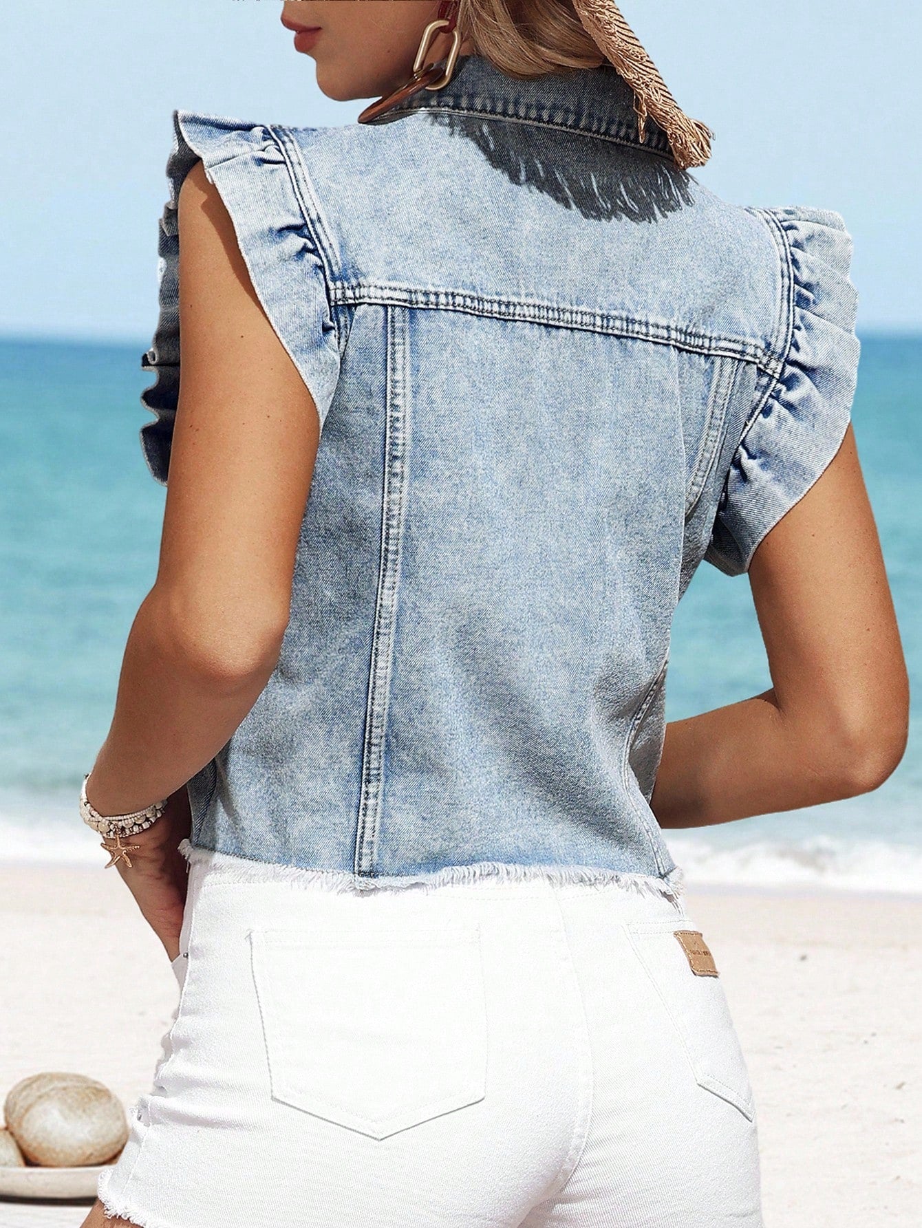 Plus Size Women’s Frayed Hem Denim Jacket – Cap Sleeve Single-Breasted Casual Jean Coat