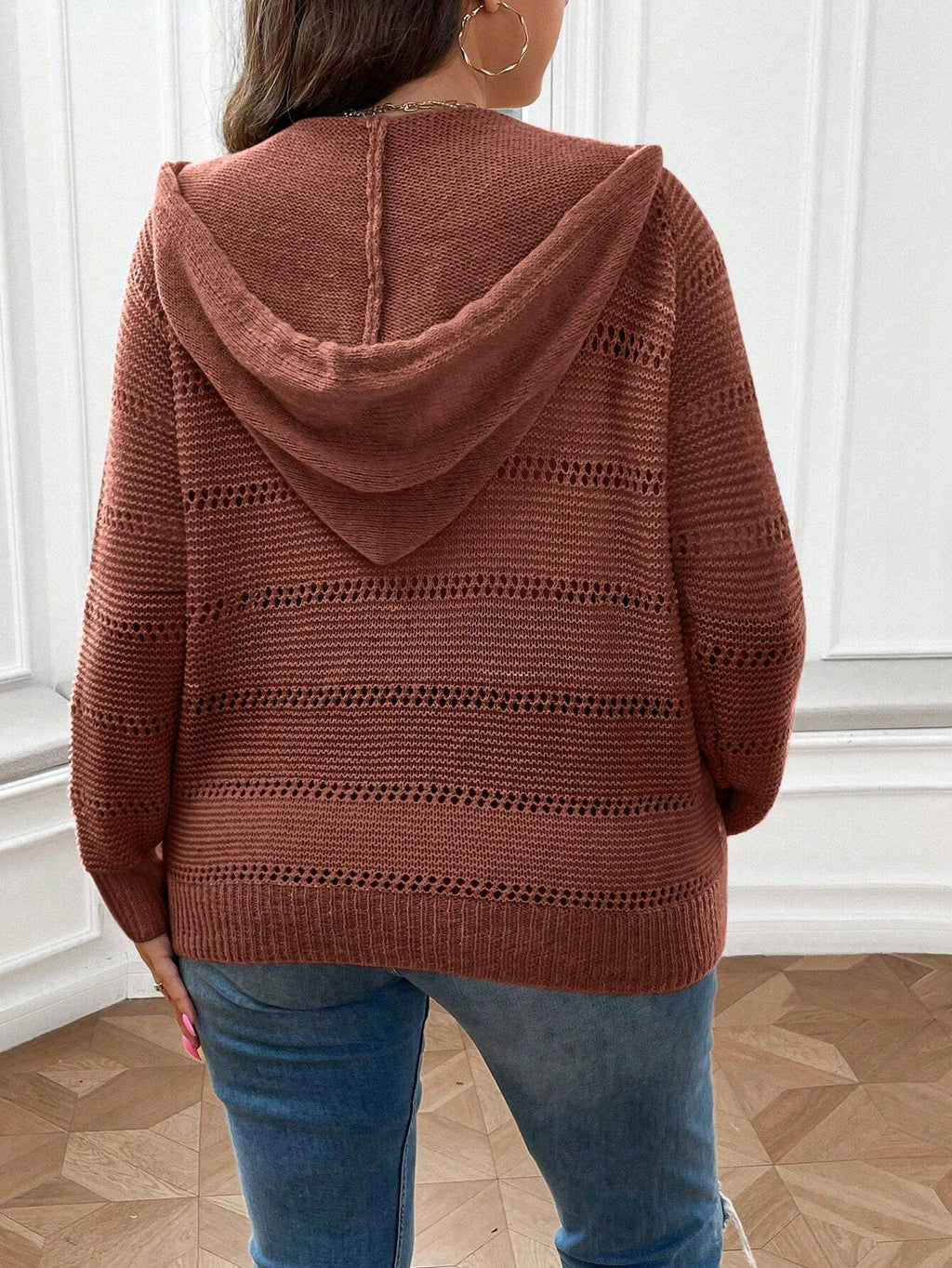 Plus Size Hooded Cardigan – Raglan Sleeve Hollow Out Long Sleeve Loose Fit Knit for Autumn/Winter