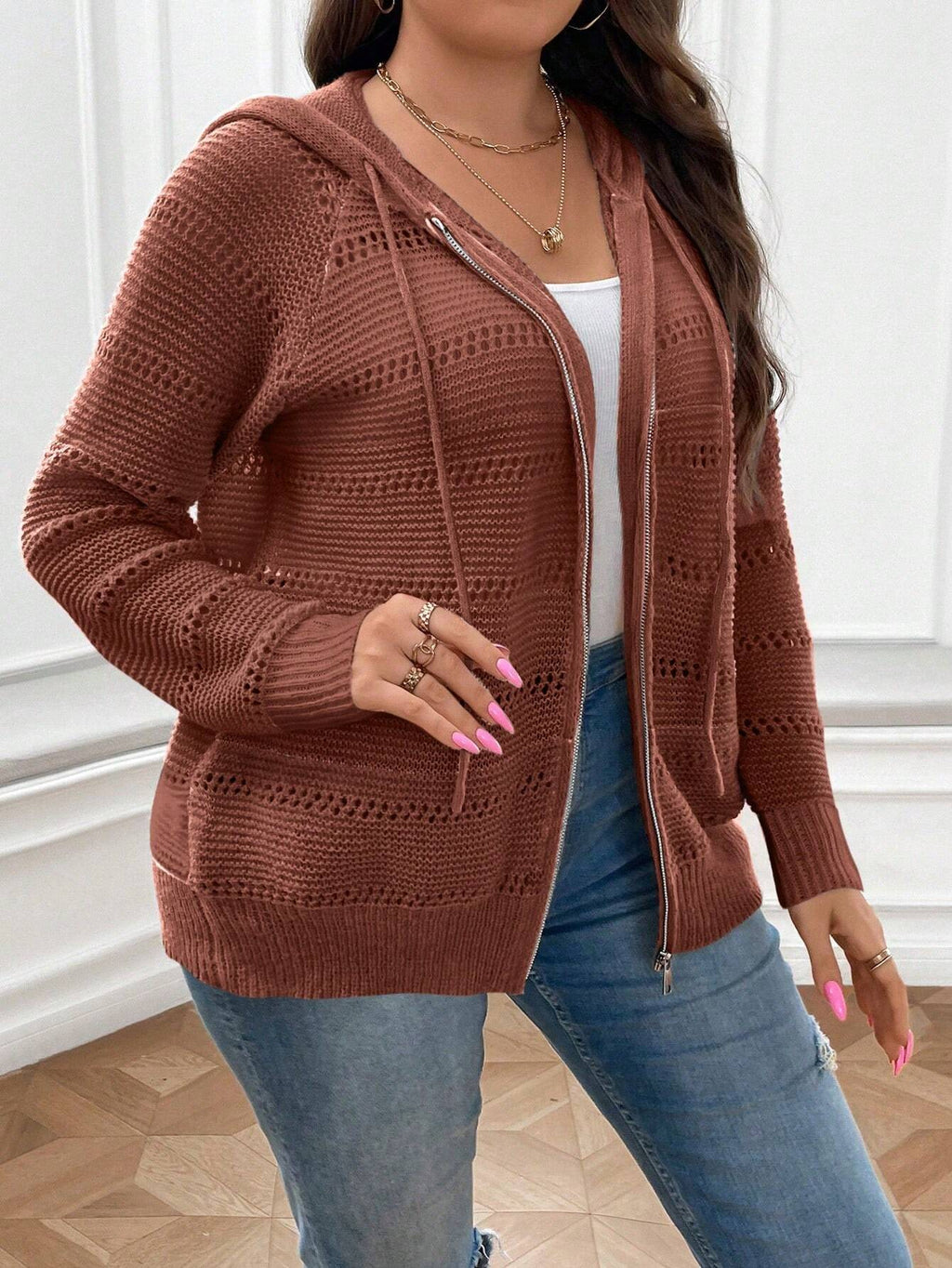 Plus Size Hooded Cardigan – Raglan Sleeve Hollow Out Long Sleeve Loose Fit Knit for Autumn/Winter