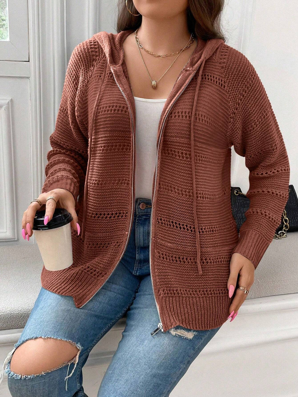 Plus Size Hooded Cardigan – Raglan Sleeve Hollow Out Long Sleeve Loose Fit Knit for Autumn/Winter