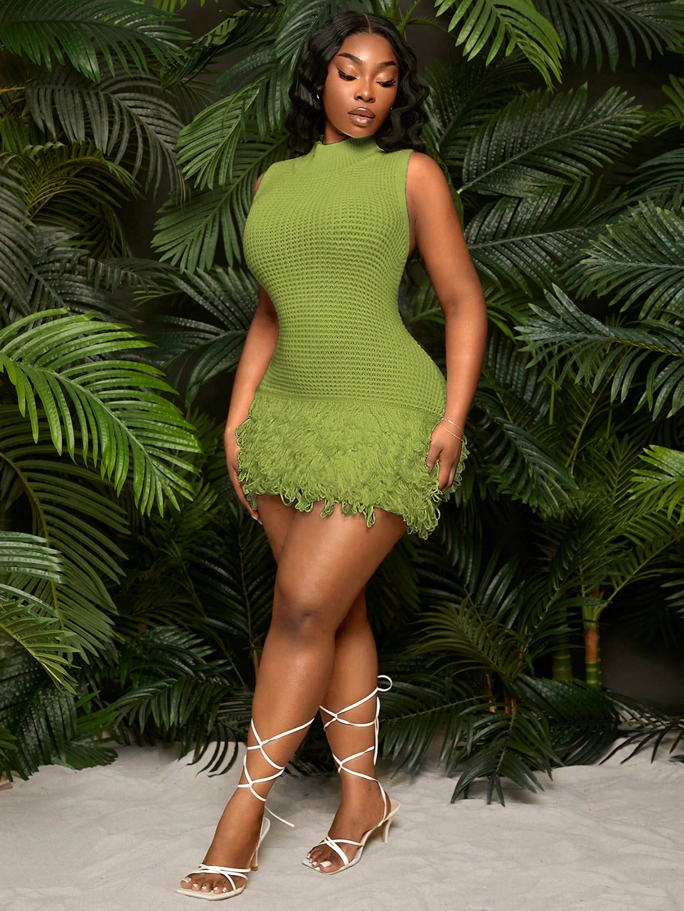 Plus Size Women’s V-Neck Sleeveless Tassel Knit Bodycon Mini Dress – Hollow Out Summer Festival & Party Dress