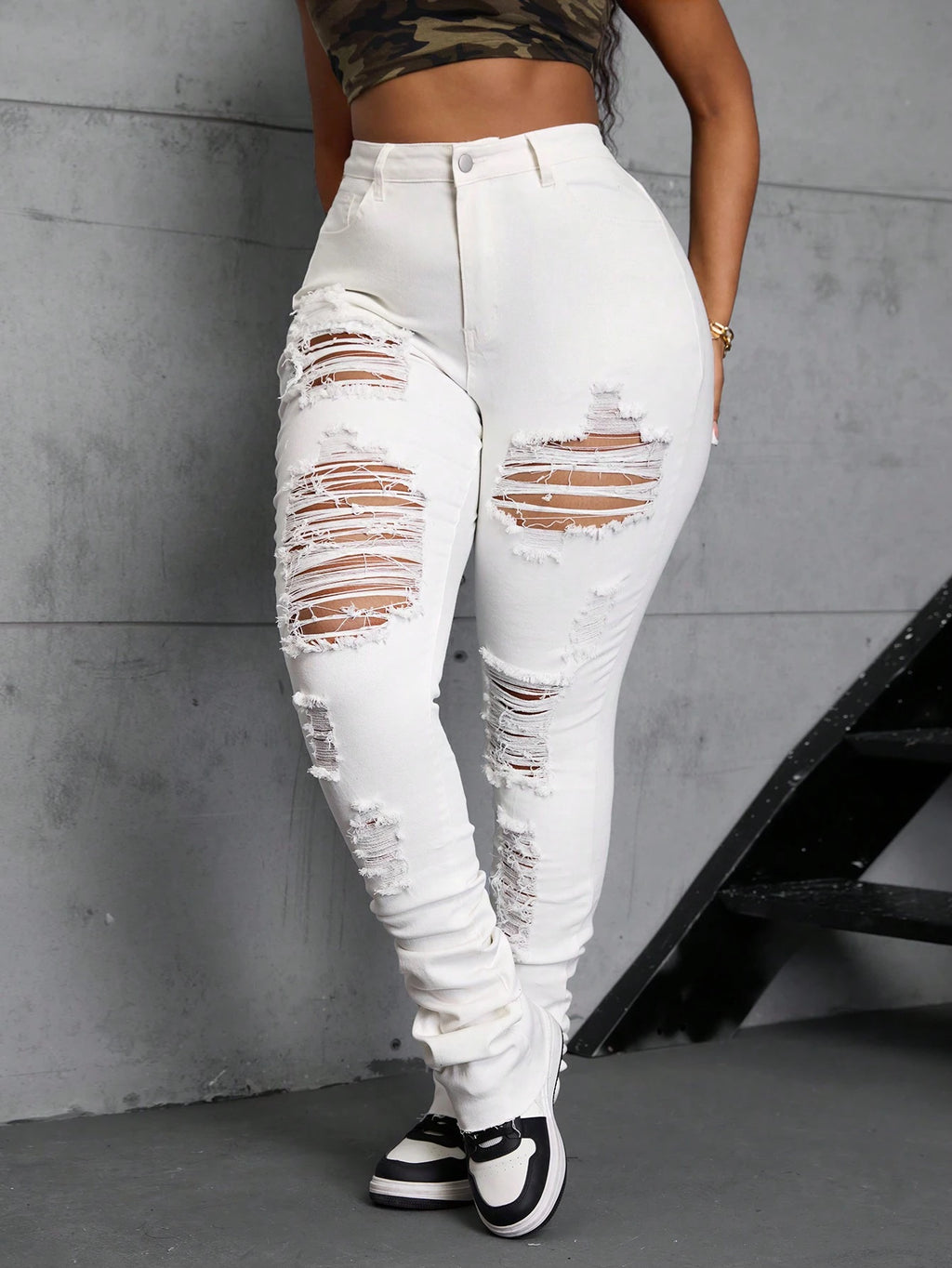 Plus Size Women’s White Skinny Jeans – Stretch Denim Ankle Length Slim Fit Pants