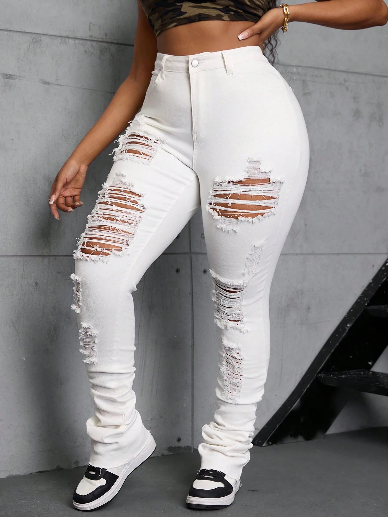 Plus Size Women’s White Skinny Jeans – Stretch Denim Ankle Length Slim Fit Pants