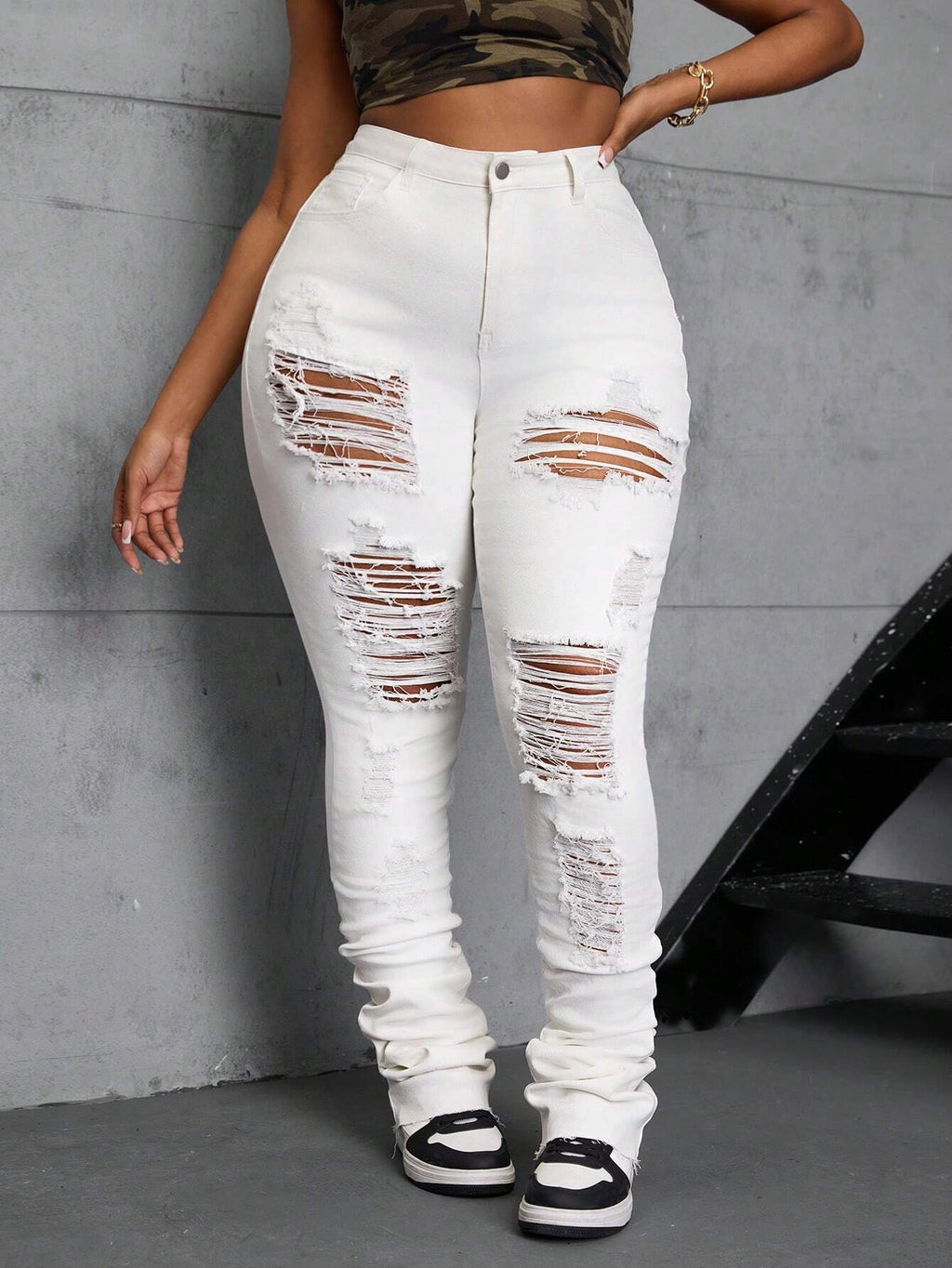 Plus Size Women’s White Skinny Jeans – Stretch Denim Ankle Length Slim Fit Pants