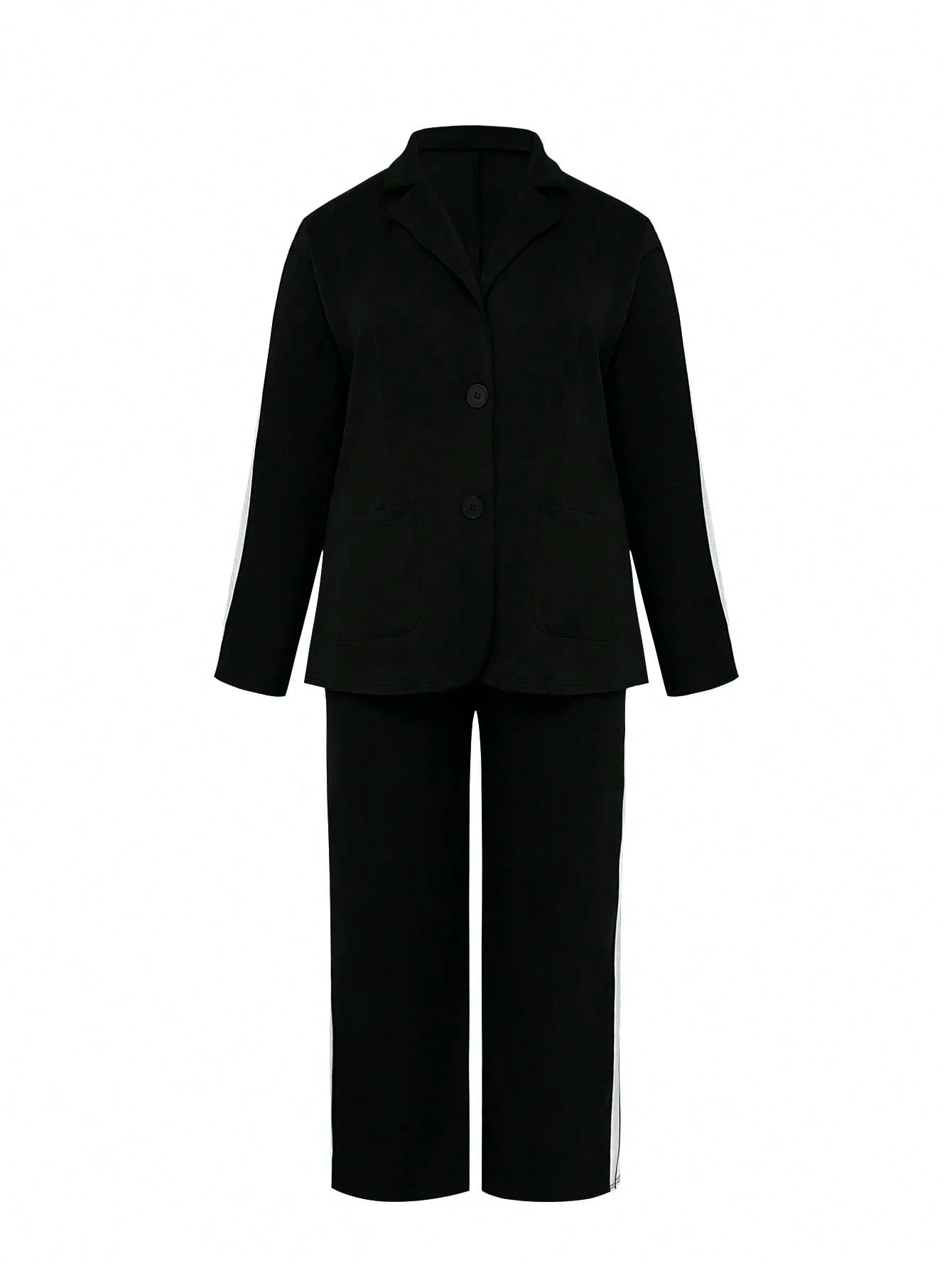 Plus Size Women’s Striped Blazer & Pants Set – Lapel Neck Long Sleeve 2 Piece Suit (Autumn Casual Wear)
