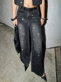 Retro Rhinestone Wide Leg Jeans – Women’s High-Waisted Slim Fit Washed Denim – Sparkle Glitter Embellished Statement Jeans