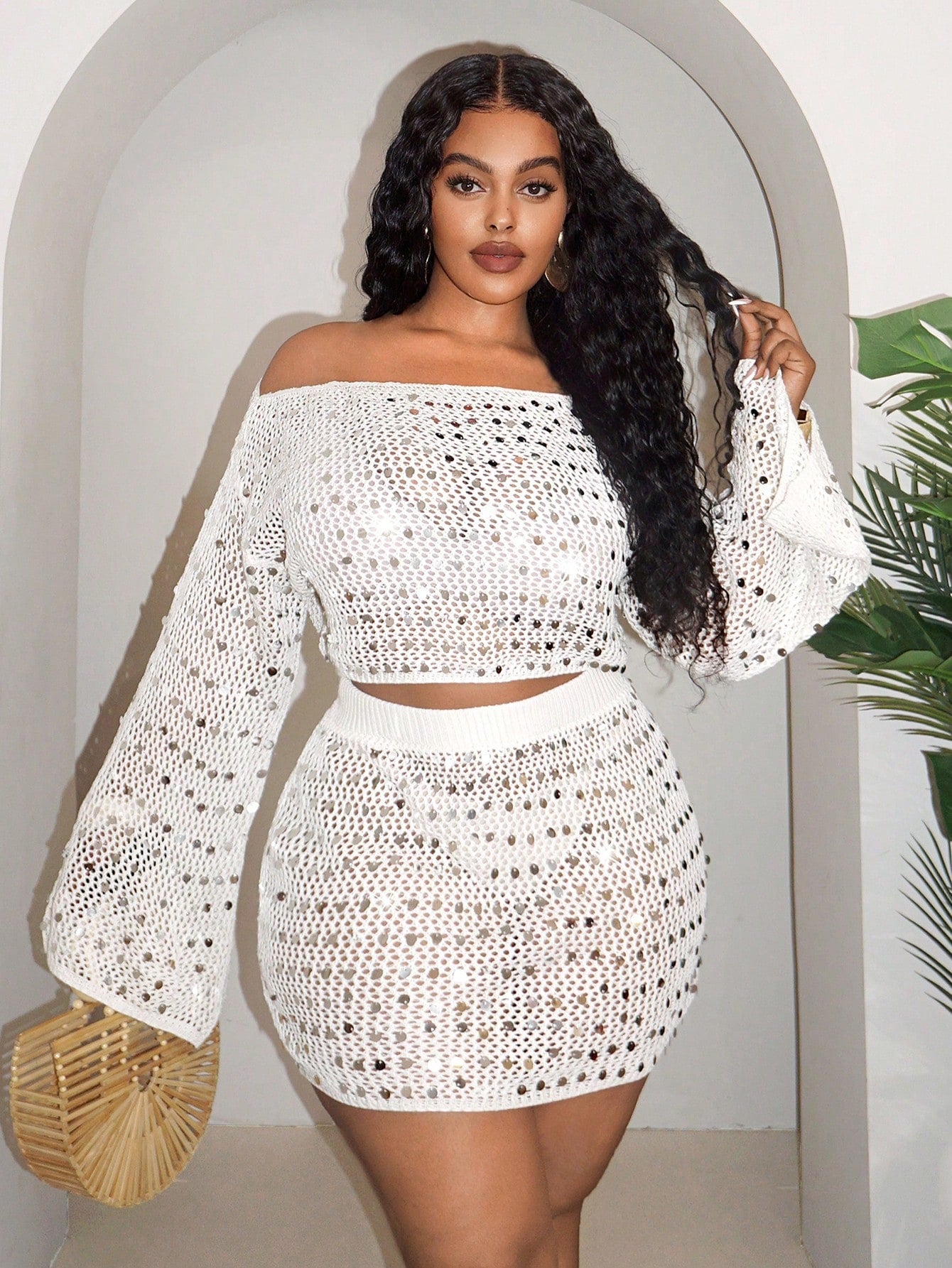 Women’s Glitter Knit 2-Piece Set – Crew Neck Long Sleeve Top & Bodycon Mini Skirt Asymmetric Outfit