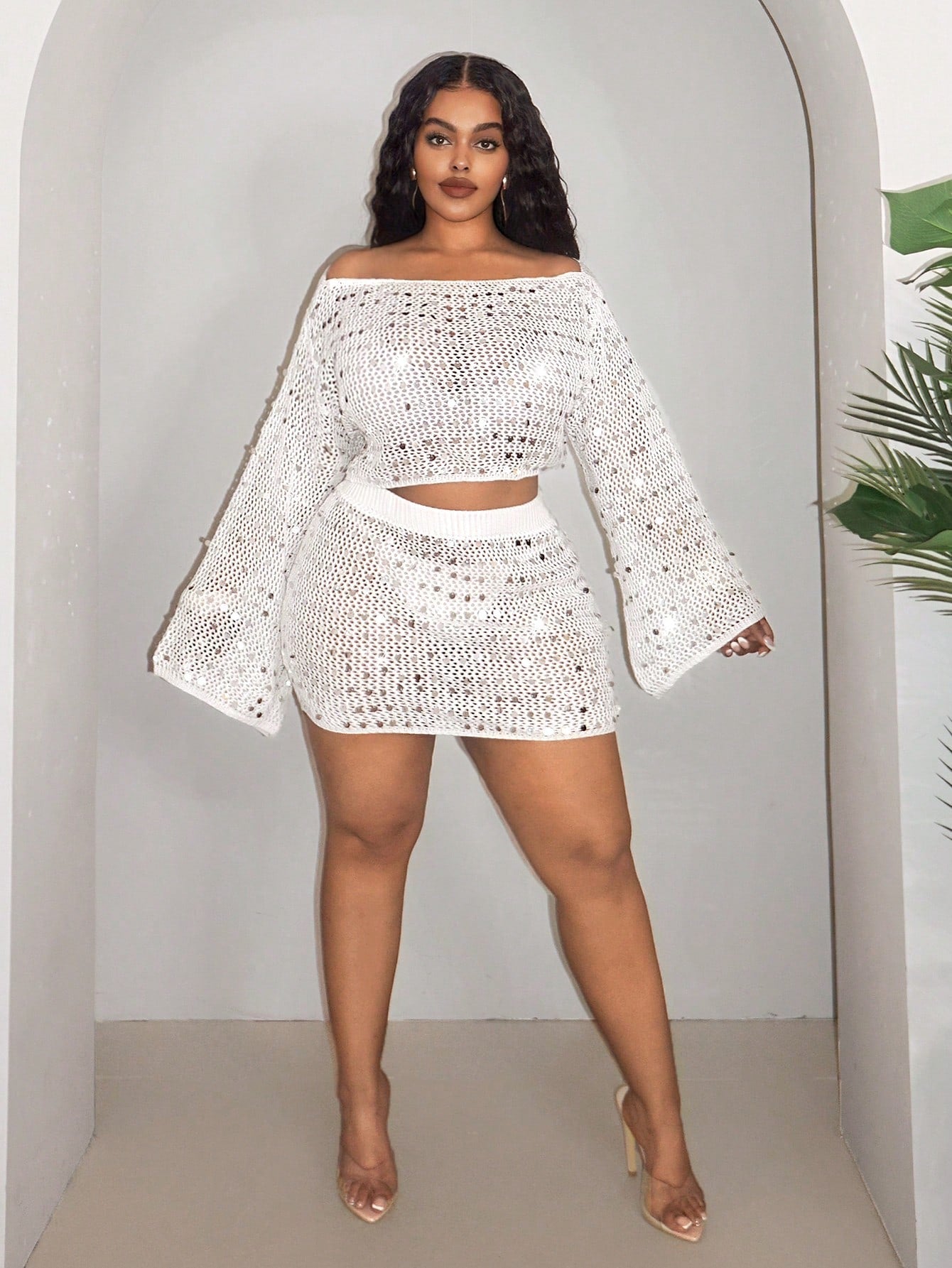 Women’s Glitter Knit 2-Piece Set – Crew Neck Long Sleeve Top & Bodycon Mini Skirt Asymmetric Outfit