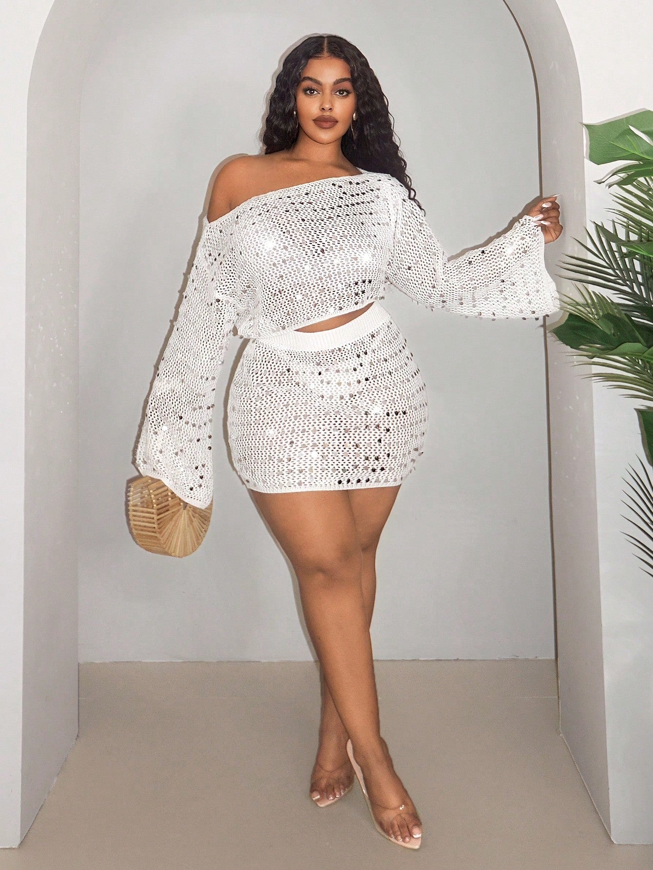 Women’s Glitter Knit 2-Piece Set – Crew Neck Long Sleeve Top & Bodycon Mini Skirt Asymmetric Outfit