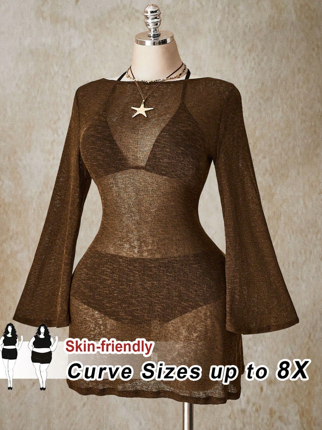 SHEIN CURVE+ Plus Size Brown Beach Vacation Dress – Flowy Summer Resort Dress for Women