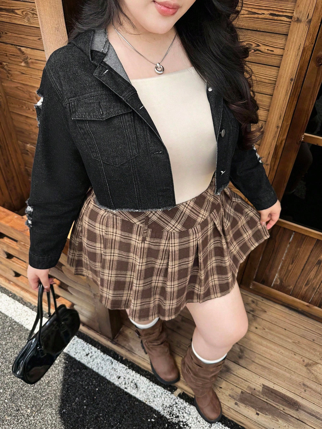 Plus Size Distressed Cropped Denim Jacket – Casual Autumn Winter Jean Jacket for Women