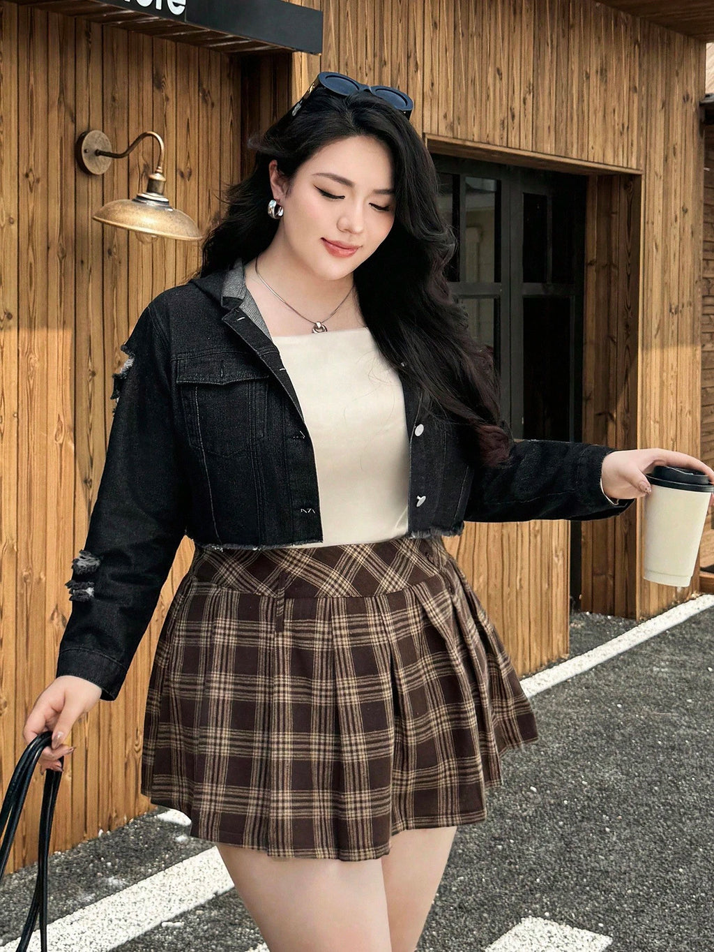 Plus Size Distressed Cropped Denim Jacket – Casual Autumn Winter Jean Jacket for Women
