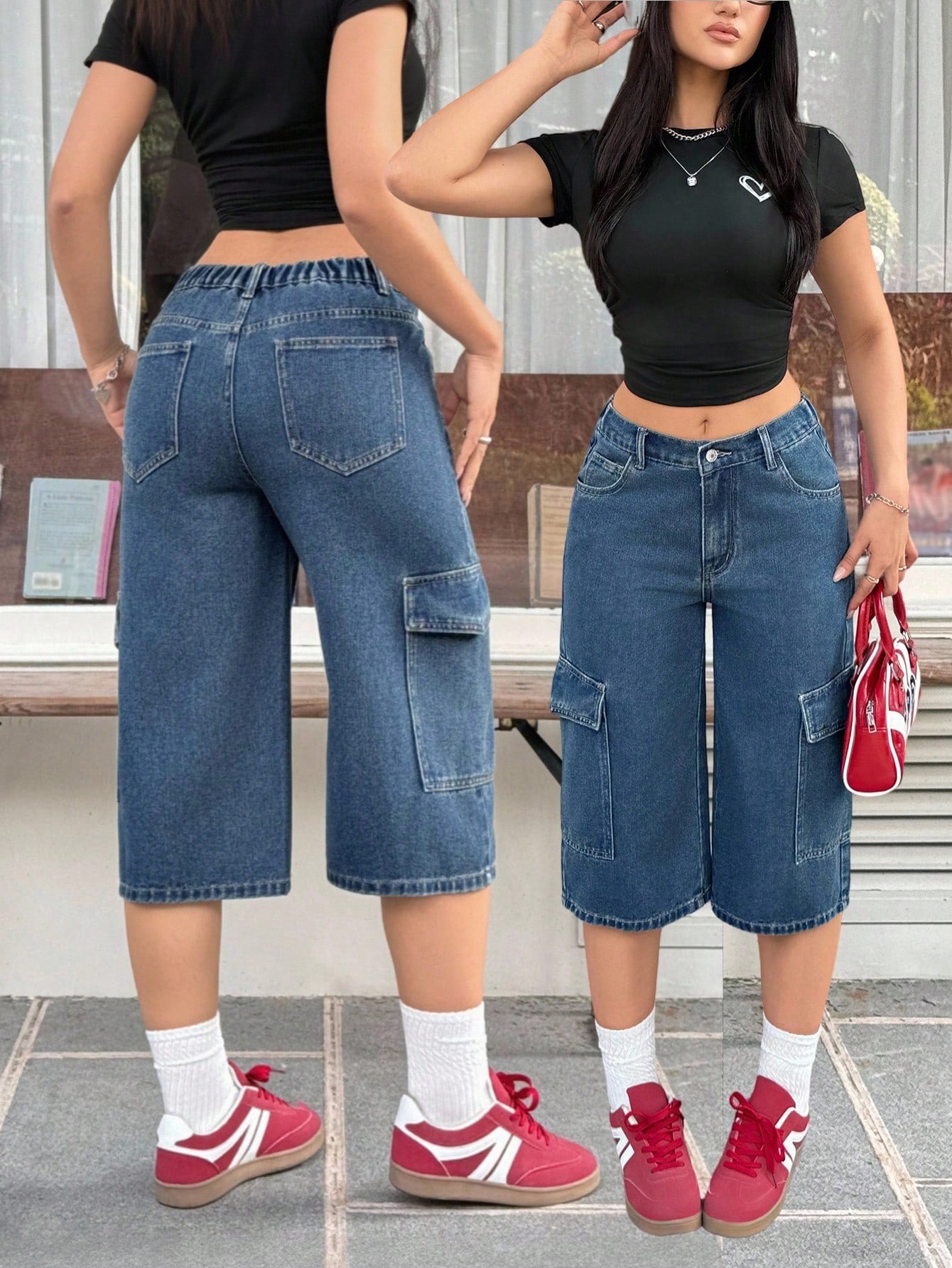 Women’s Washed Straight Leg Cargo Capri Jeans – Casual Y2K Utility Denim Pants